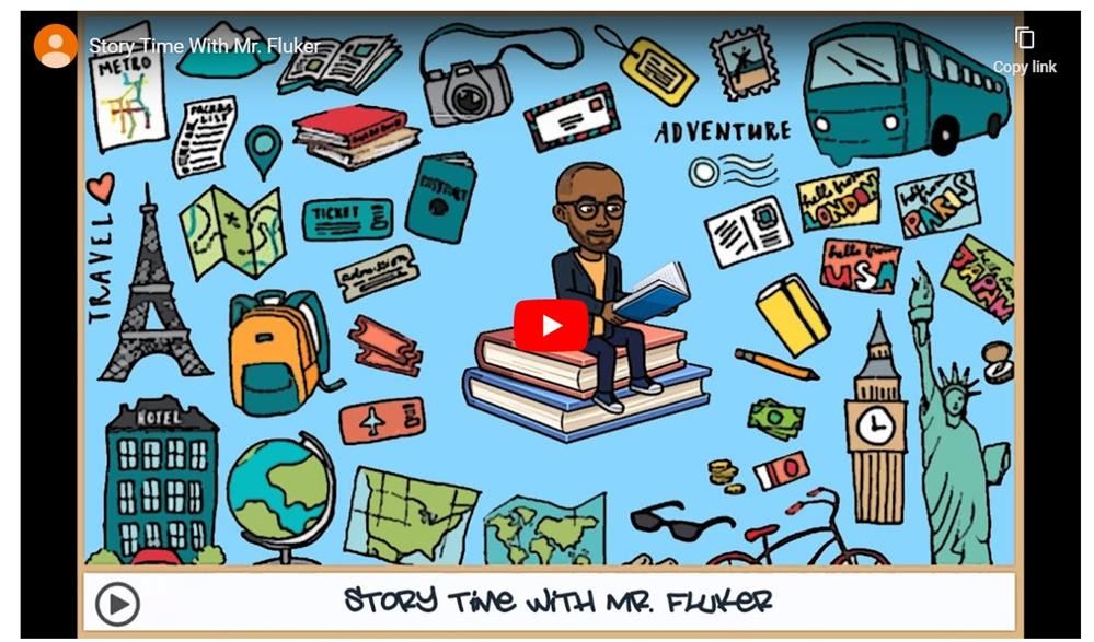  Cartoon drawing with light blue background and Mr. Fluker reading a book. 